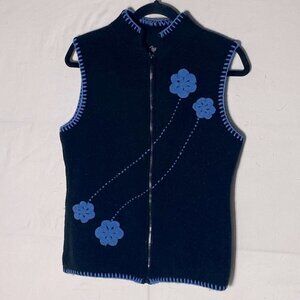 Vintage Miss Sweaters Black Wool Zip Front Vest With blue Trim And Flowers S